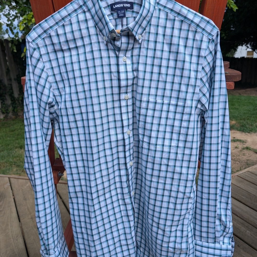 Lands' End Men's Green and Blue Check Shirt